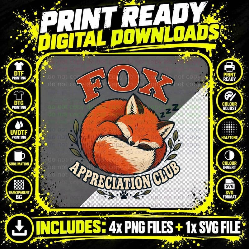 Fox Appreciation Club Sleeping Curled Up Woodland Animal Lover Cute T-Shirt Png SVG Digital Bundle