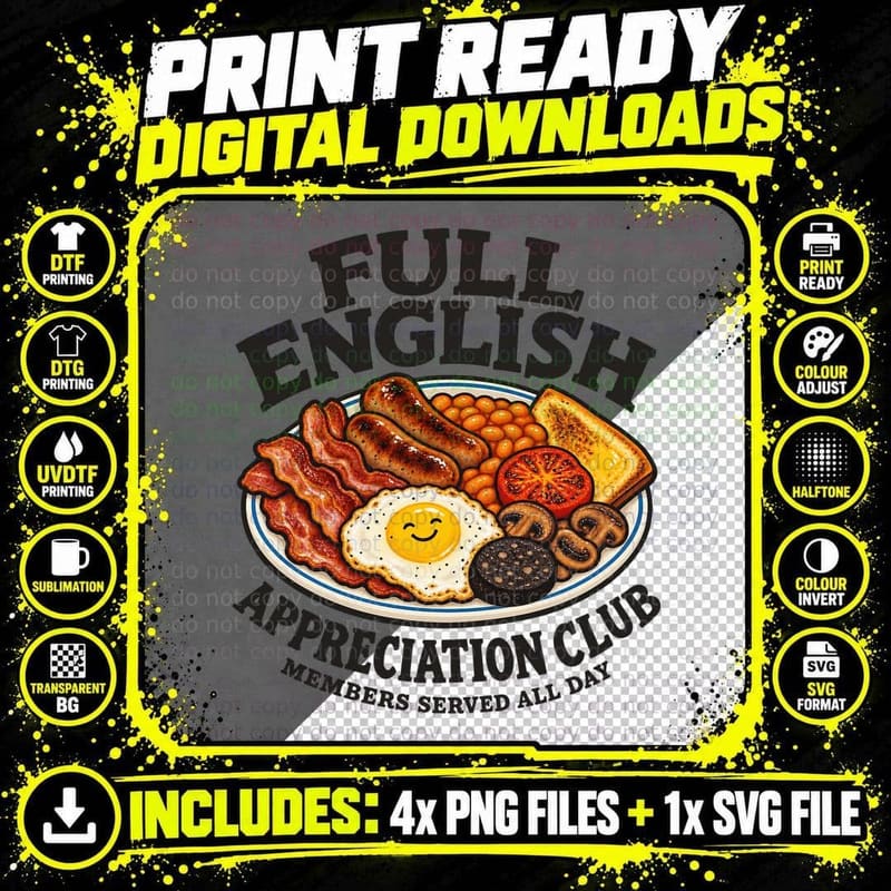 Full English Appreciation Club Retro British Breakfast Png SVG Digital Bundle