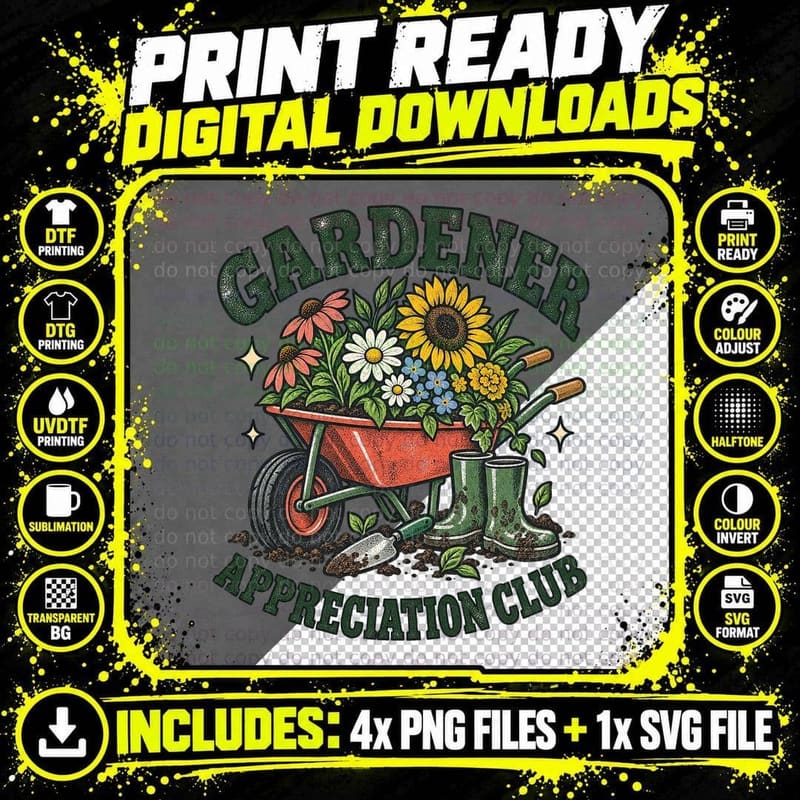 Gardener Appreciation Club Wheelbarrow Flowers Sunflower Wellies Retro T-Shirt Png SVG Digital Bundle