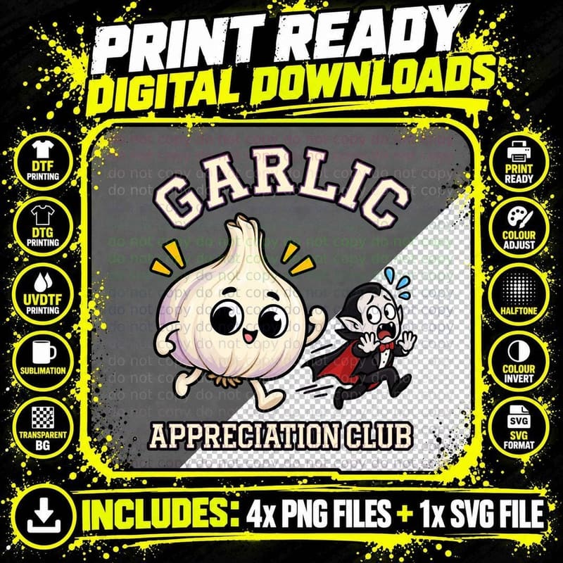 Garlic Appreciation Club Cute Vampire Running Away Funny Halloween Food T-Shirt Png SVG Digital Bundle