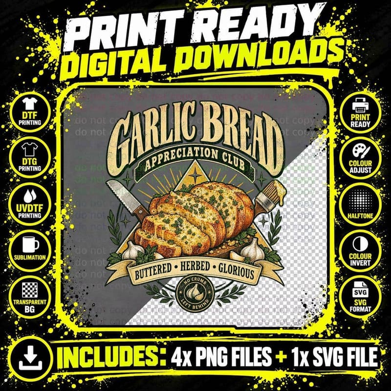 Garlic Bread Appreciation Club Buttered Herbed Glorious Foodie Vintage T-Shirt Png SVG Digital Bundle