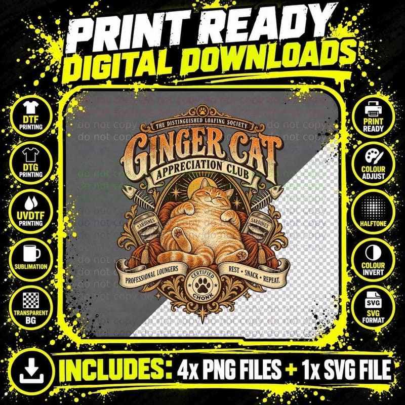 Ginger Cat Appreciation Club Professional Loungers Rest Snack Repeat T-Shirt Png SVG Digital Bundle