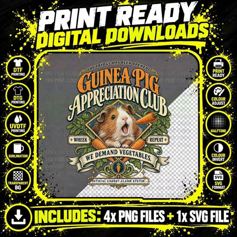 Guinea Pig Appreciation Club We Demand Vegetables Wheek Repeat Cute T-Shirt Png SVG Digital Bundle