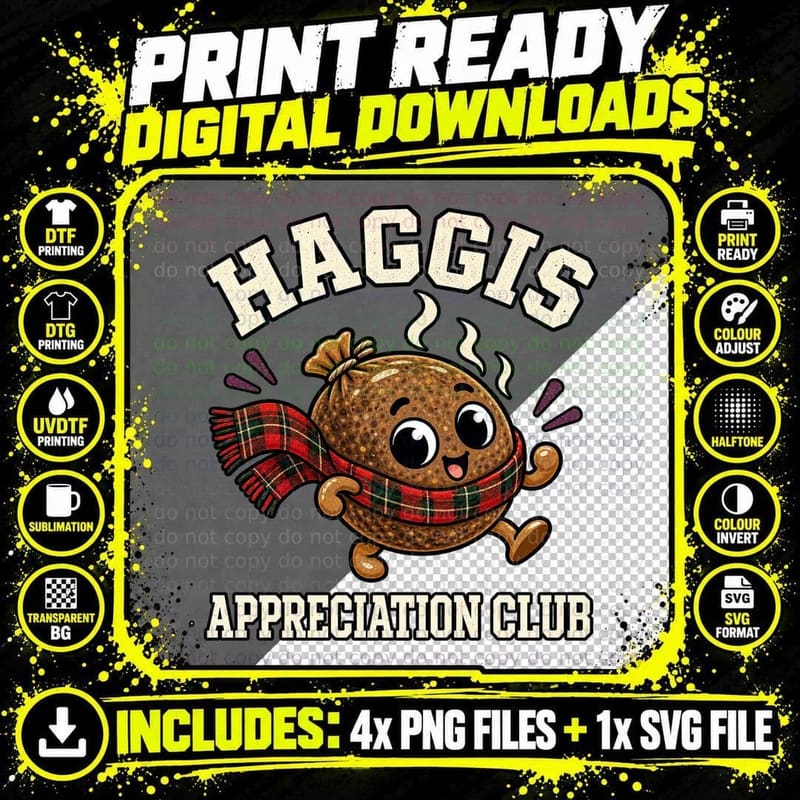 Haggis Appreciation Club Cute Tartan Scarf Scottish Burns Night Food T-Shirt Png SVG Digital Bundle
