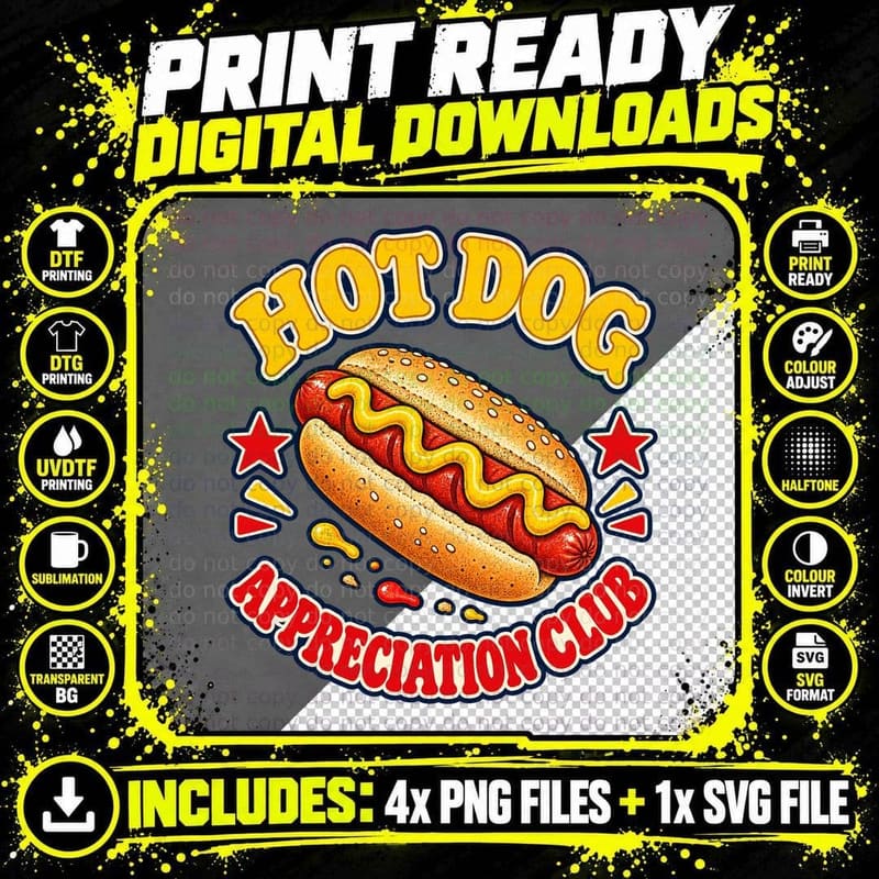 Hot Dog Appreciation Club Mustard Ketchup Retro Diner Fast Food Lover T-Shirt Png SVG Digital Bundle