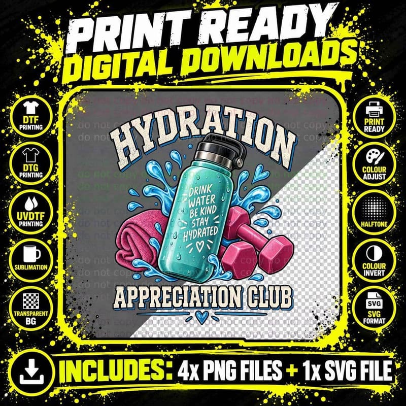 Hydration Appreciation Club Drink Water Be Kind Stay Hydrated Gym Bottle T-Shirt Png SVG Digital Bundle