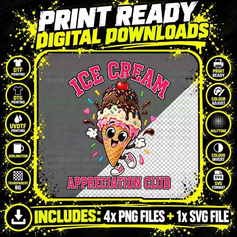 Ice Cream Appreciation Club Cute Kawaii Cone Sprinkles Dessert Summer T-Shirt Png SVG Digital Bundle
