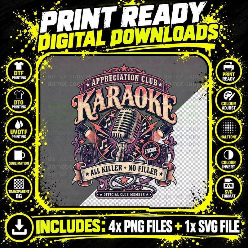 Karaoke Appreciation Club All Killer No Filler Vintage Microphone Singer T-Shirt Png SVG Digital Bundle