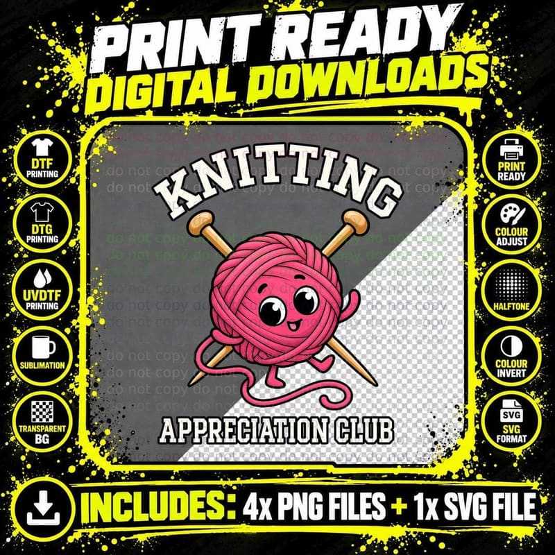 Knitting Appreciation Club Cute Pink Yarn Ball Needles Knitter Crafter T-Shirt Png SVG Digital Bundle