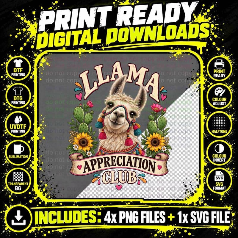 Llama Appreciation Club Boho Cactus Sunflowers Tassels Animal Lover T-Shirt Png SVG Digital Bundle