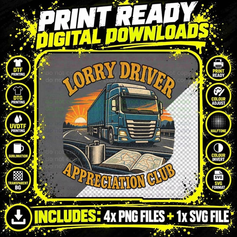 Lorry Driver Appreciation Club Trucker HGV Motorway Sunset Road Map T-Shirt Png SVG Digital Bundle