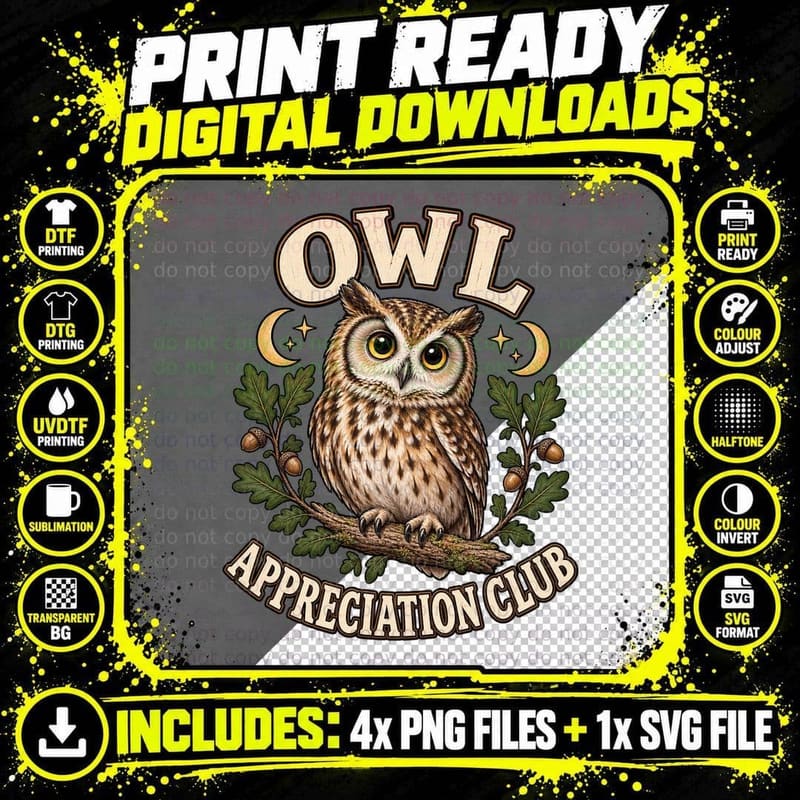 Owl Appreciation Club Tawny Bird Oak Leaves Acorns Moon Woodland Vintage T-Shirt Png SVG Digital Bundle
