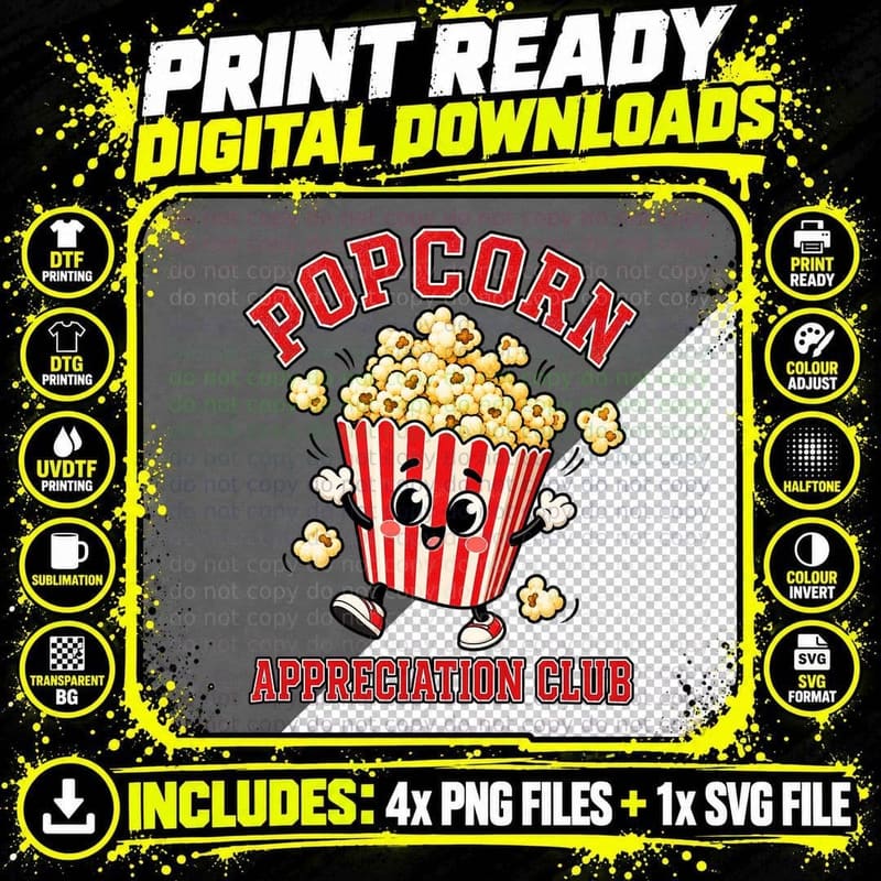 Popcorn Appreciation Club Cute Kawaii Cinema Snack Movie Night Funny T-Shirt Png SVG Digital Bundle