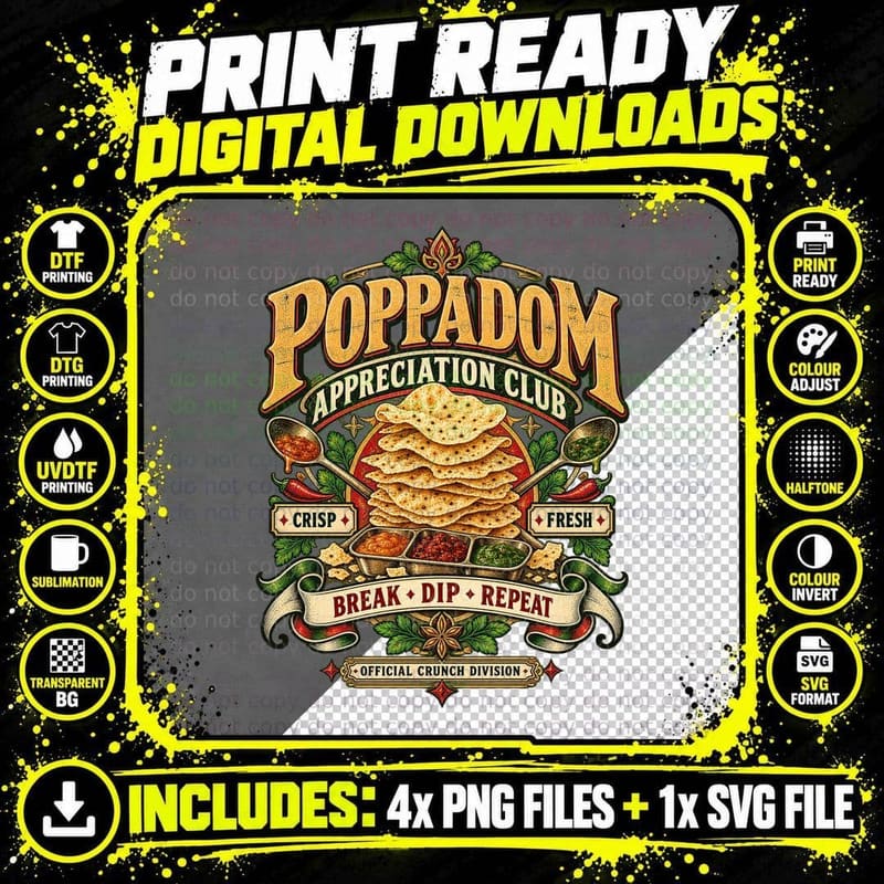 Poppadom Appreciation Club Break Dip Repeat Chutney Curry Night Vintage T-Shirt Png SVG Digital Bundle