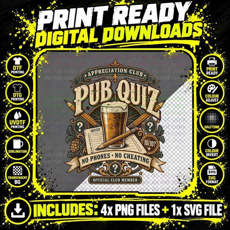 Pub Quiz Appreciation Club No Phones No Cheating Pint Trivia Vintage T-Shirt Png SVG Digital Bundle