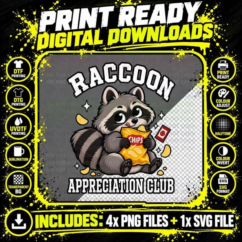 Raccoon Appreciation Club Cute Trash Panda Eating Chips Funny Animal T-Shirt Png SVG Digital Bundle