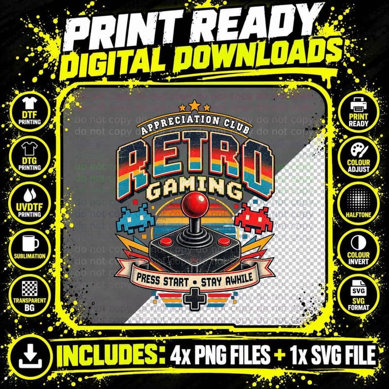 Retro Gaming Appreciation Club Press Start Stay Awhile Joystick Arcade T-Shirt Png SVG Digital Bundle