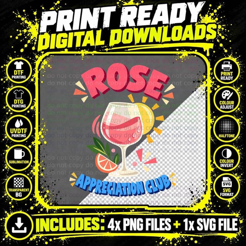 Rose Appreciation Club Pink Wine Glass Summer Drinking Sunshine Funny T-Shirt Png SVG Digital Bundle