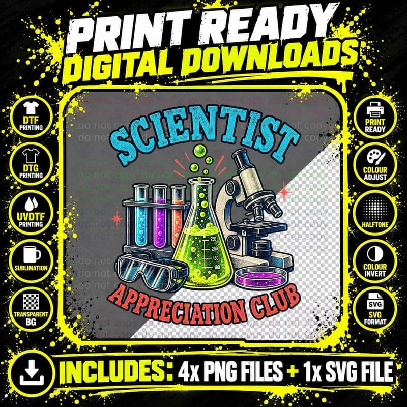 Scientist Appreciation Club Science Lab Chemistry Microscope Test Tubes T-Shirt Png SVG Digital Bundle
