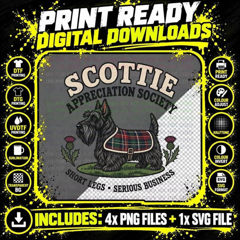 Scottie Appreciation Society Short Legs Serious Business Terrier Tartan T-Shirt Png SVG Digital Bundle