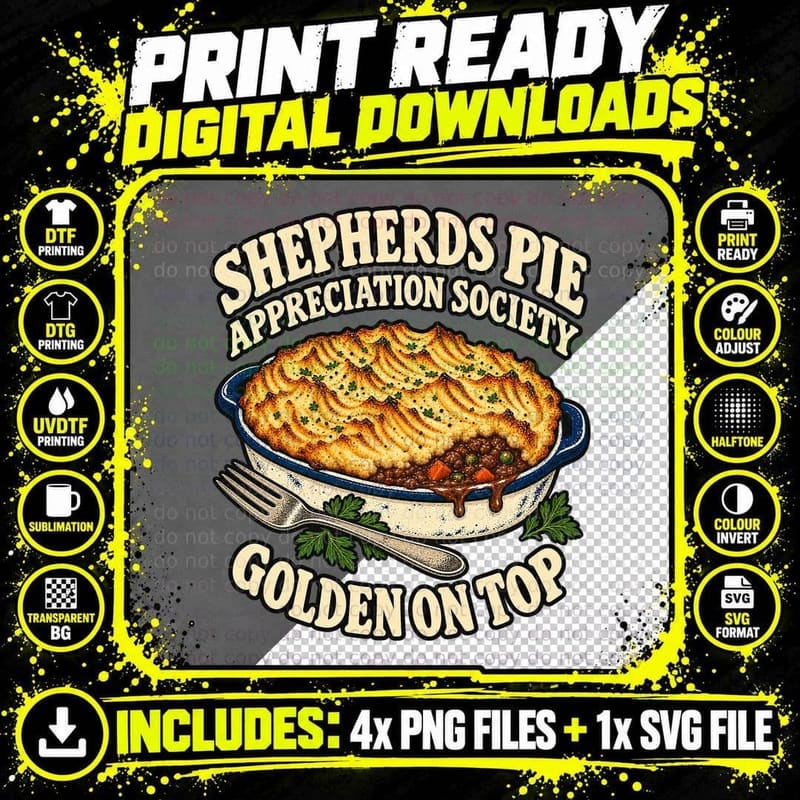 Shepherds Pie Appreciation Society Golden On Top British Comfort Food T-Shirt Png SVG Digital Bundle