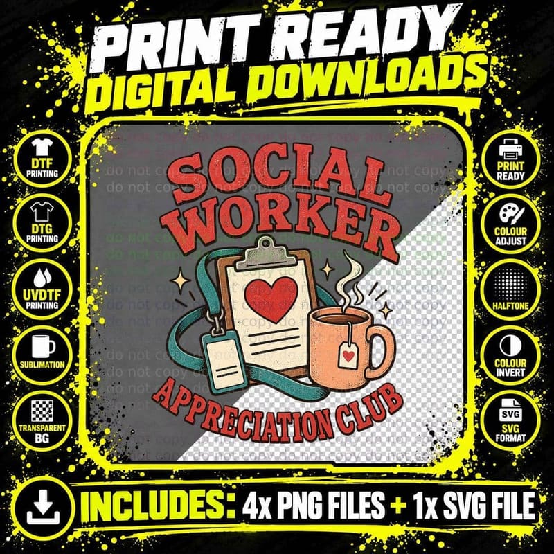 Social Worker Appreciation Club Retro Clipboard Heart Tea Mug Carer T-Shirt Png SVG Digital Bundle
