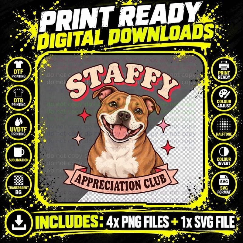 Staffy Appreciation Club Retro Smiling Staffordshire Bull Terrier Dog T-Shirt Png SVG Digital Bundle