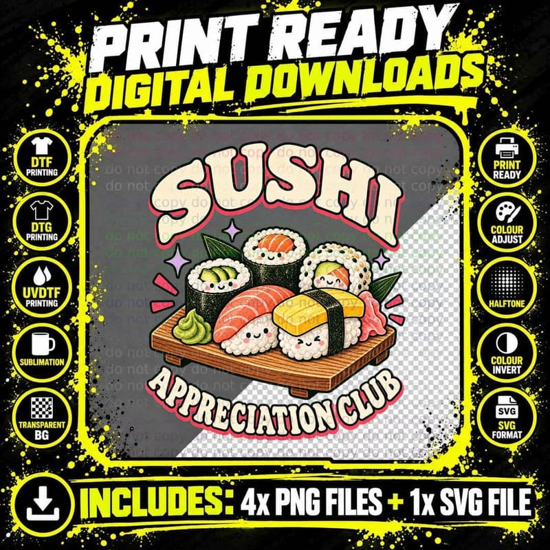 Sushi Appreciation Club Cute Kawaii Japanese Food Lover Retro Vintage T-Shirt Png SVG Digital Bundle