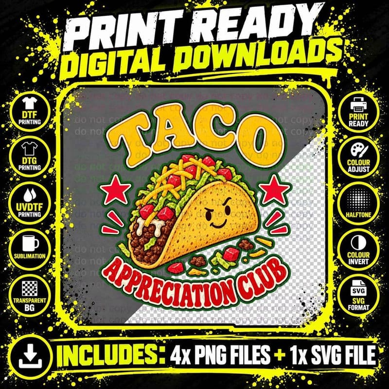 Taco Appreciation Club Retro Mexican Street Food Lover Funny Vintage T-Shirt Png SVG Digital Bundle