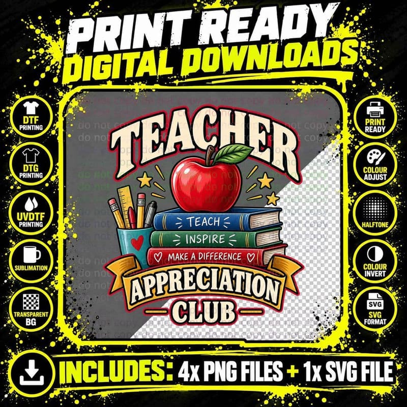 Teacher Club Retro Funny Teacher Apple Marking School Png SVG Digital Bundle
