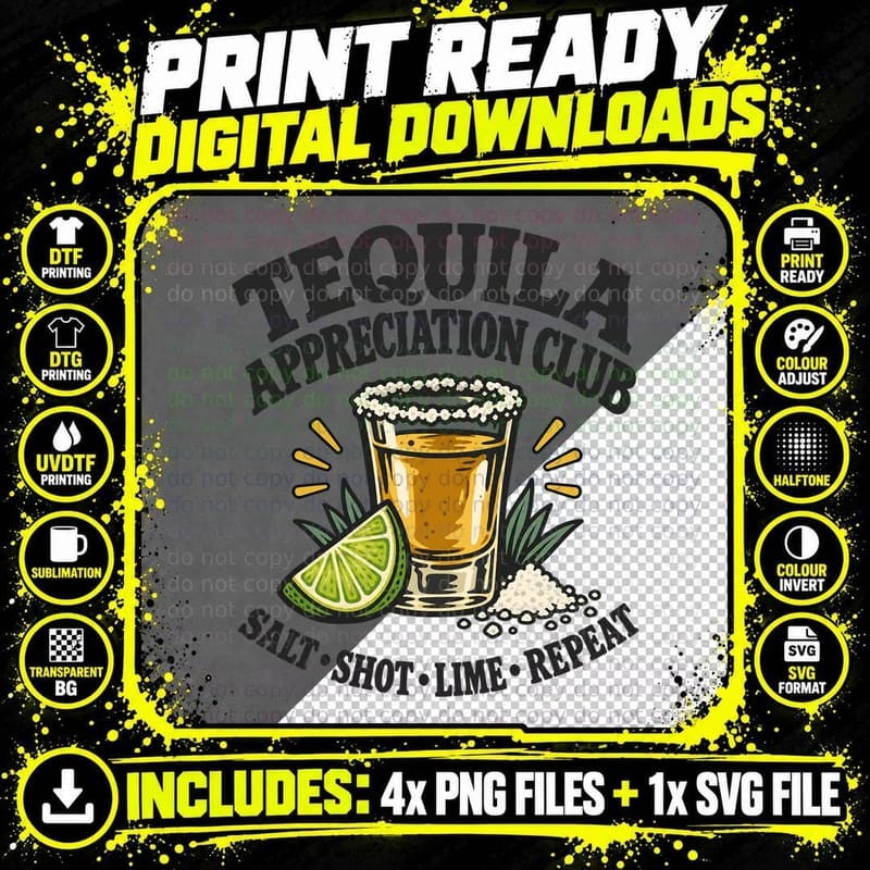 Tequila Appreciation Club Salt Shot Lime Repeat Vintage Retro Drinking T-Shirt Png SVG Digital Bundle