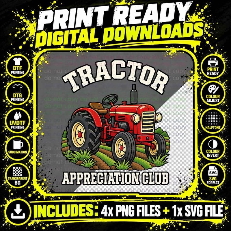 Tractor Appreciation Club Red Vintage Farm Machine Ploughed Field Farmer T-Shirt Png SVG Digital Bundle