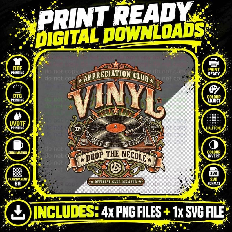 Vinyl Appreciation Club Drop The Needle Turntable Record Collector T-Shirt Png SVG Digital Bundle