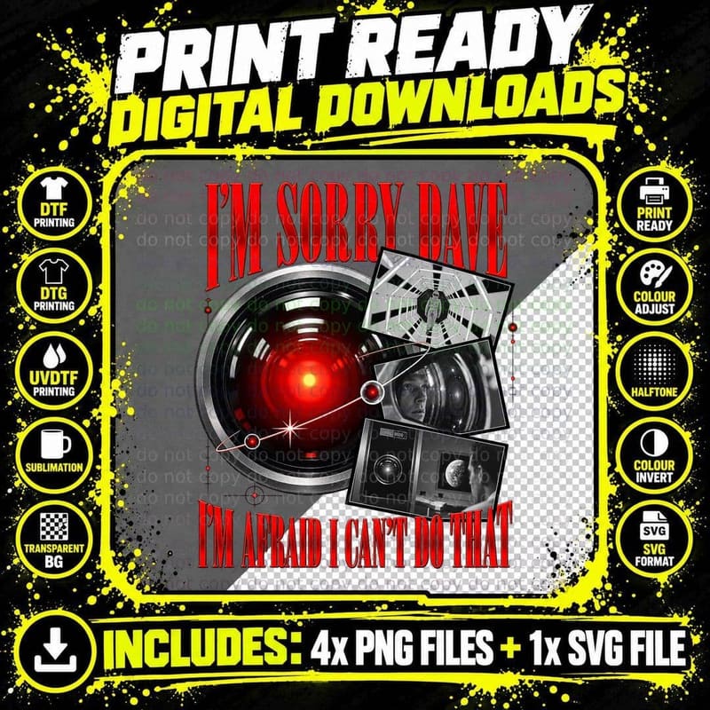 I'm Sorry Dave I'm Afraid I Can't Do That HAL Red Eye Sci Fi Movie T-Shirt Png SVG Digital Bundle