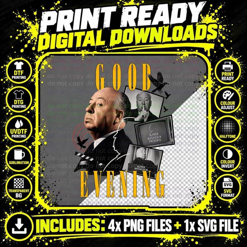 Alfred Hitchcock Good Evening Classic Cinema Retro Png SVG Digital Bundle