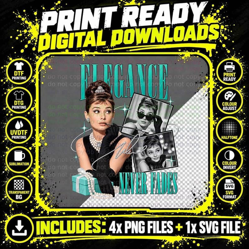 Holly Elegance Never Fades Audrey 60s Classic Movie Icon Pearls Retro T-Shirt Png SVG Digital Bundle