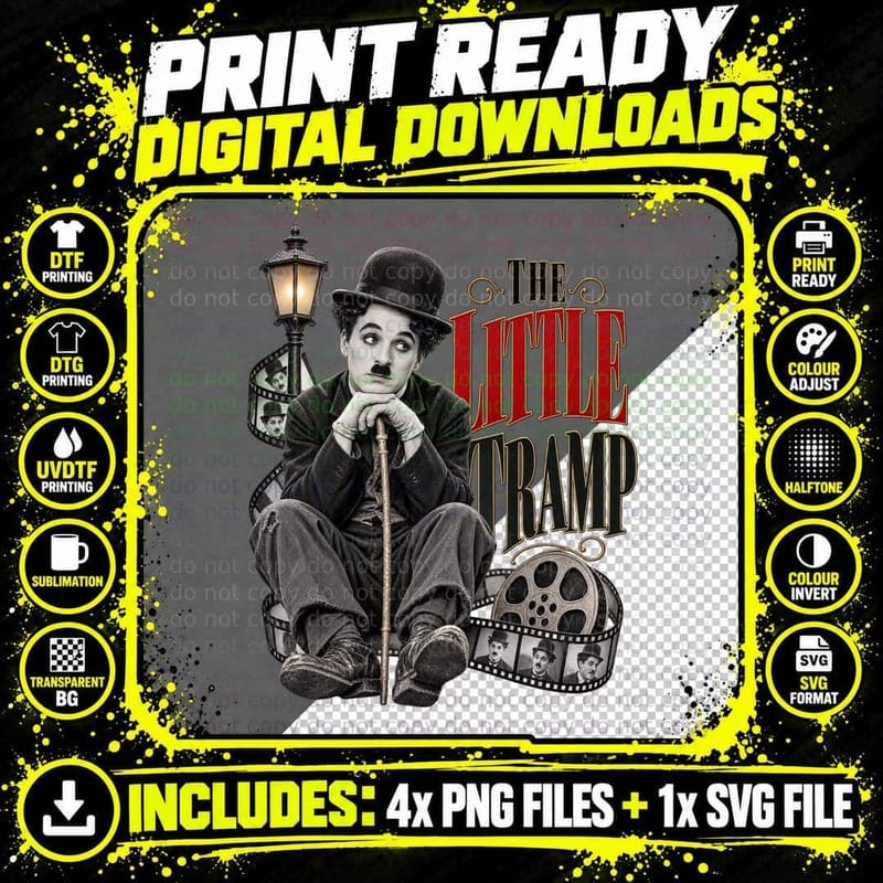 Charlie The Little Tramp Silent Film Comedy Bowler Hat Cane Vintage T-Shirt Png SVG Digital Bundle