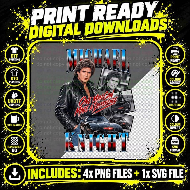 Michael Knight One Man Can Make A Difference 80s TV Talking Car Retro T-Shirt Png SVG Digital Bundle