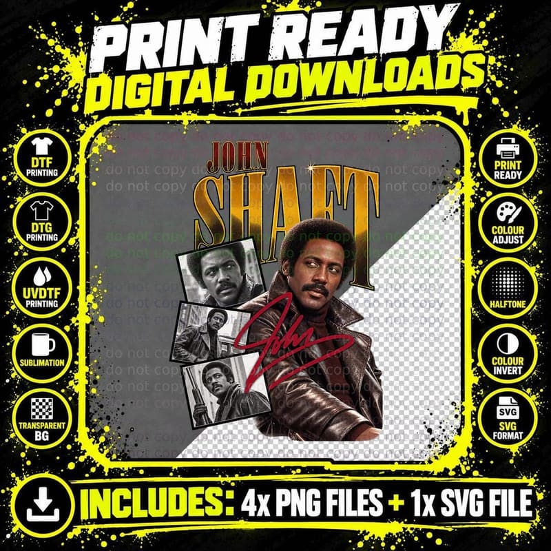 John Shaft 70s Blaxploitation Private Detective Leather Coat Richard T-Shirt Png SVG Digital Bundle