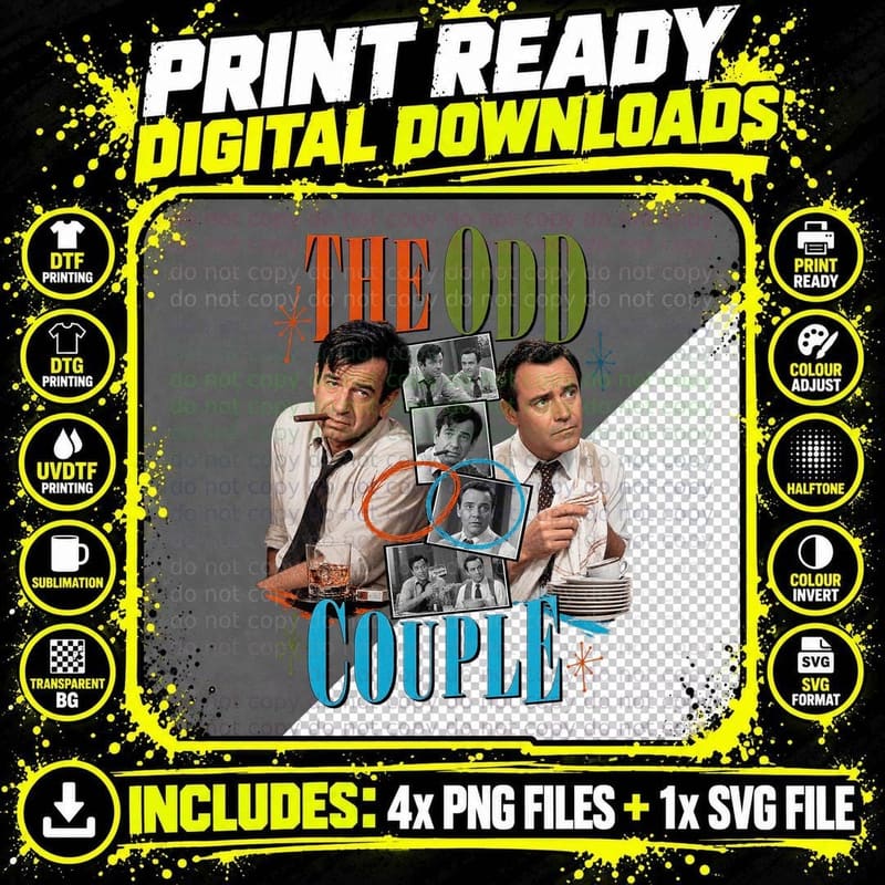 Oscar And Felix Mismatched Roommates 60s Classic Comedy Movie Retro T-Shirt Png SVG Digital Bundle