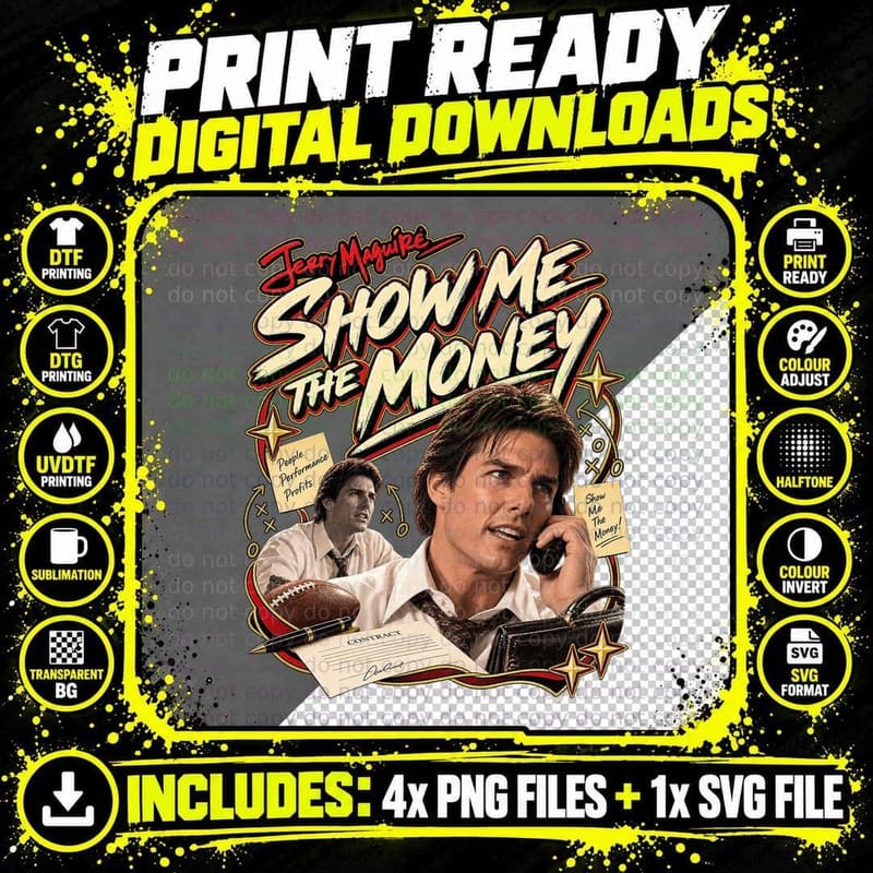 Show Me The Money Tom Sports Agent 90s Comedy Movie Phone Contract Retro T-Shirt Png SVG Digital Bundle