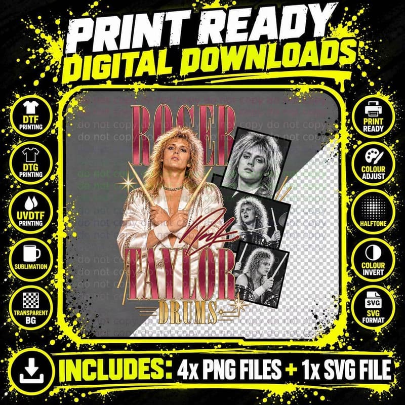 Roger Taylor Drums Vintage 1975 Glam Rock Drummer Music Png SVG Digital Bundle