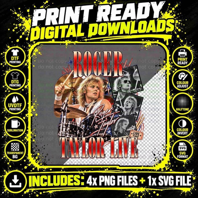 Roger Taylor Live Vintage Concert 70s Rock Music Drummer Png SVG Digital Bundle