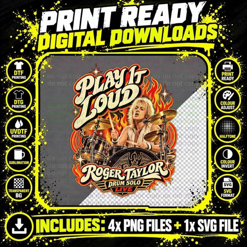 Roger Taylor Play It Loud Retro Rock Flame Drum T-Shirt Png SVG Digital Bundle