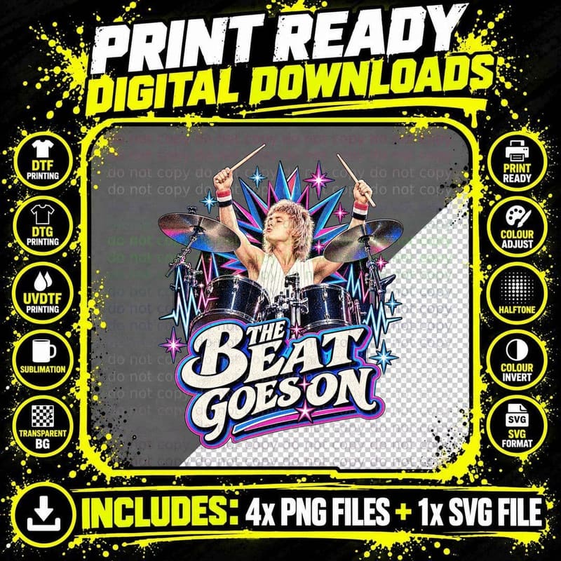 Roger Taylor The Beat Goes On Retro 80s Drummer Rock Png SVG Digital Bundle