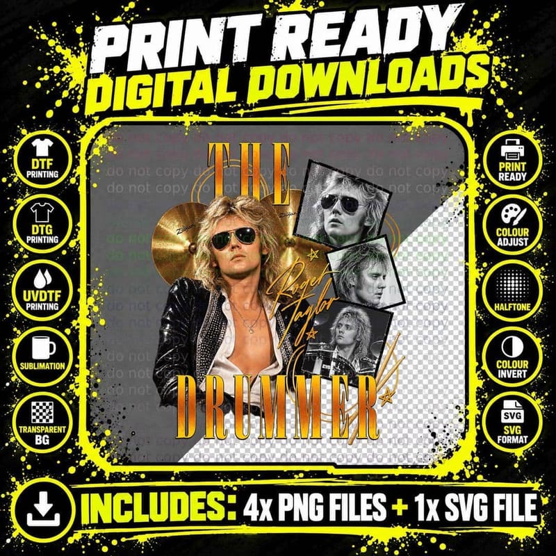 Roger Taylor The Drummer Vintage 70s Glam Rock Music Png SVG Digital Bundle