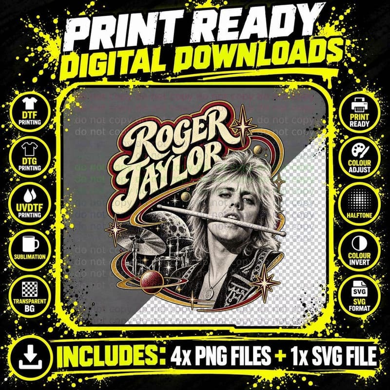 Roger Taylor Vintage Rock Drummer Retro 70s T-Shirt Png SVG Digital Bundle