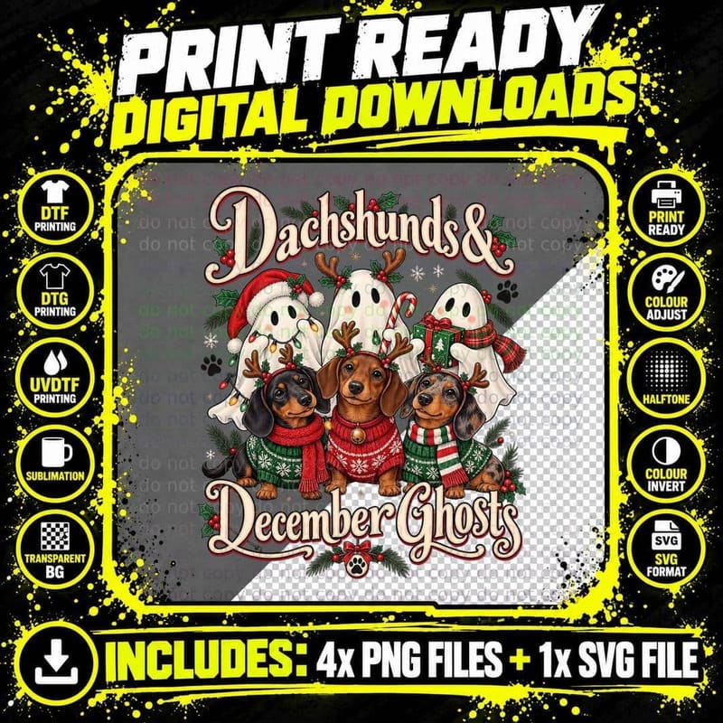 Christmas Dachshund Ghost Reindeer Dog Cute Festive Png SVG Digital Bundle