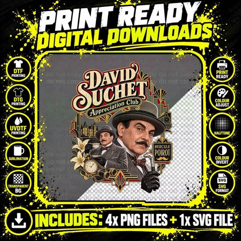 David Appreciation Club Hercule Poirot Moustache Gentleman Sleuth Retro T-Shirt Png SVG Digital Bundle