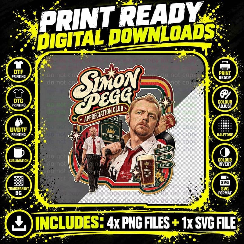 Simon Appreciation Club Zombies Pub Repeat Shaun Cricket Bat Cult Movie T-Shirt Png SVG Digital Bundle